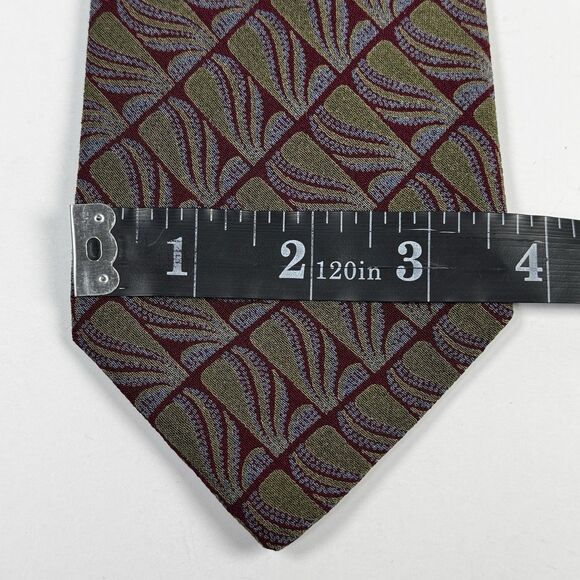 Barneys New York Silk Tie Made in Italy Art Deco Geometric Olive Burgundy Retro - Picture 5 of 8